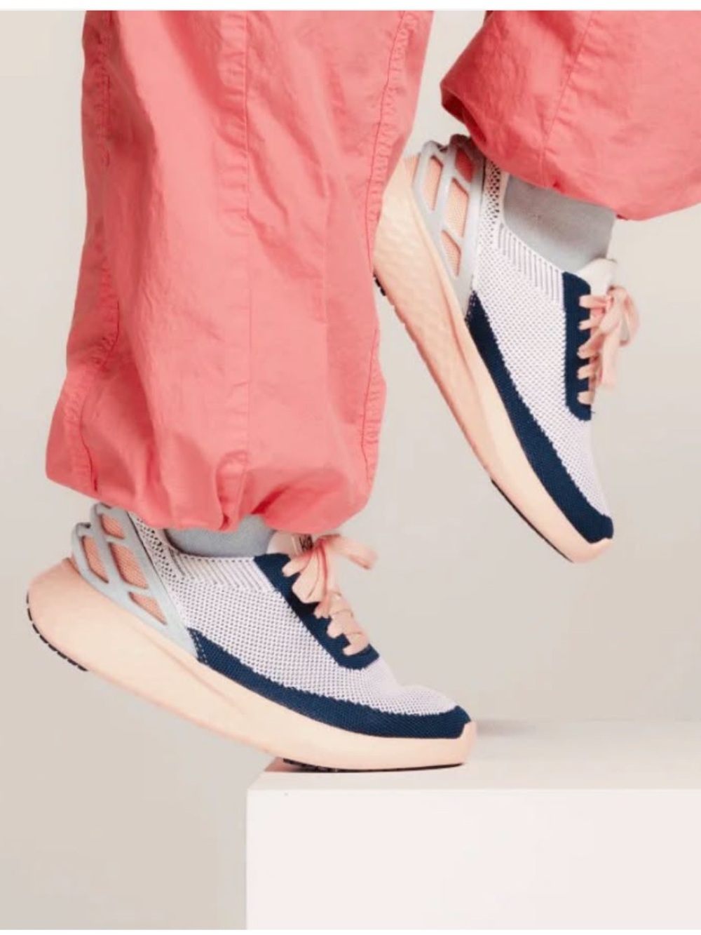 Women's Knit Athletic Sneakers in White, Navy & Peach